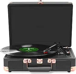 ANVAR VEDO Toca-Discos Portátil com Bluetooth, Alto-Falante, 3 Velocidades (33/45/78 RPM), Design Retrô de Maleta, Compatível com LPs 7/10/12", Controle de Graves, AUX, RCA Parada Automática 110V/220V