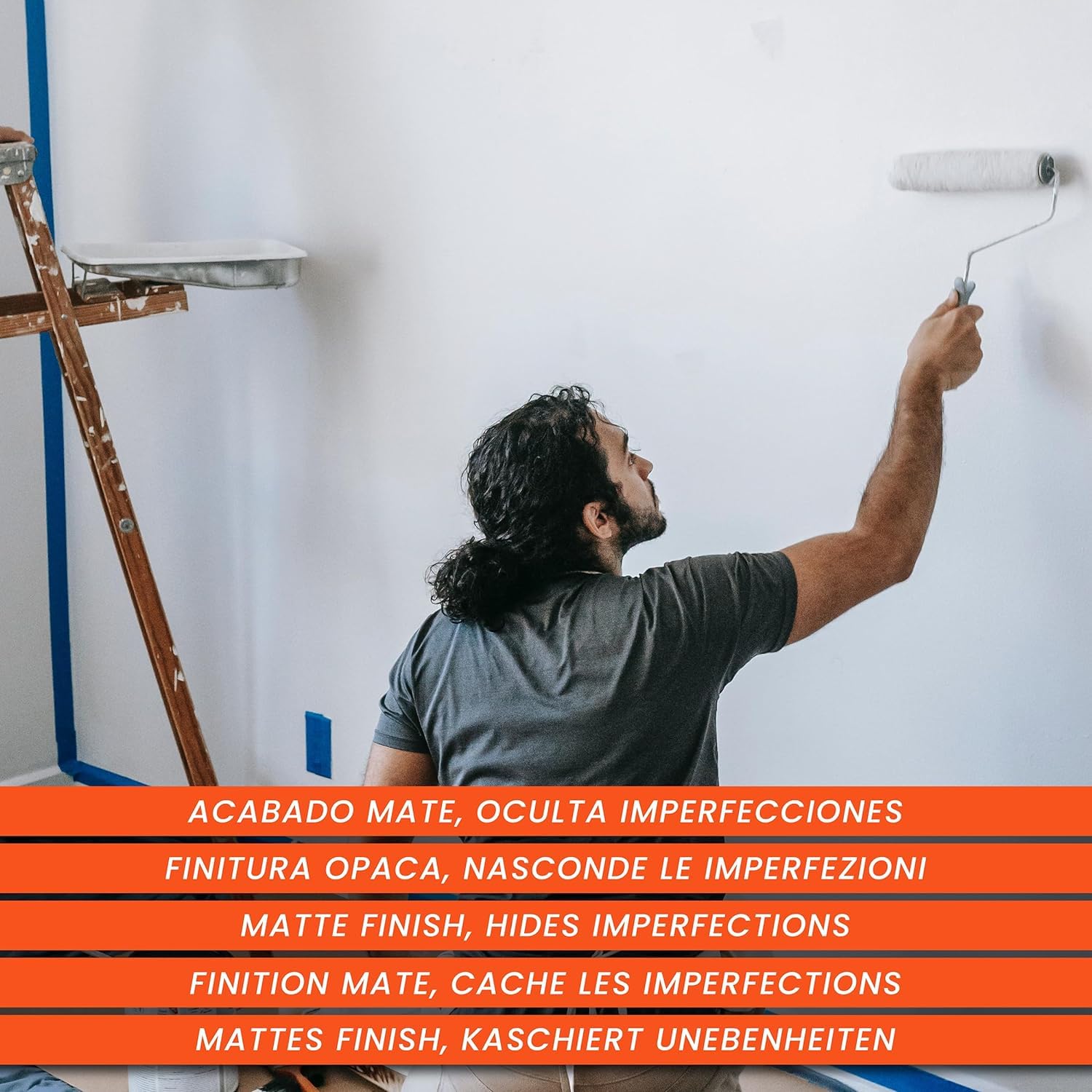 PECTRO Set Peinture blanche mur et plafond 6,6kg (4L) Kit avec rouleau, pinceau, grille et ruban | Interieur Exterieur Enterrés - Acrylique et lessivable au fort pouvoir couvrant - Emballages recyclé