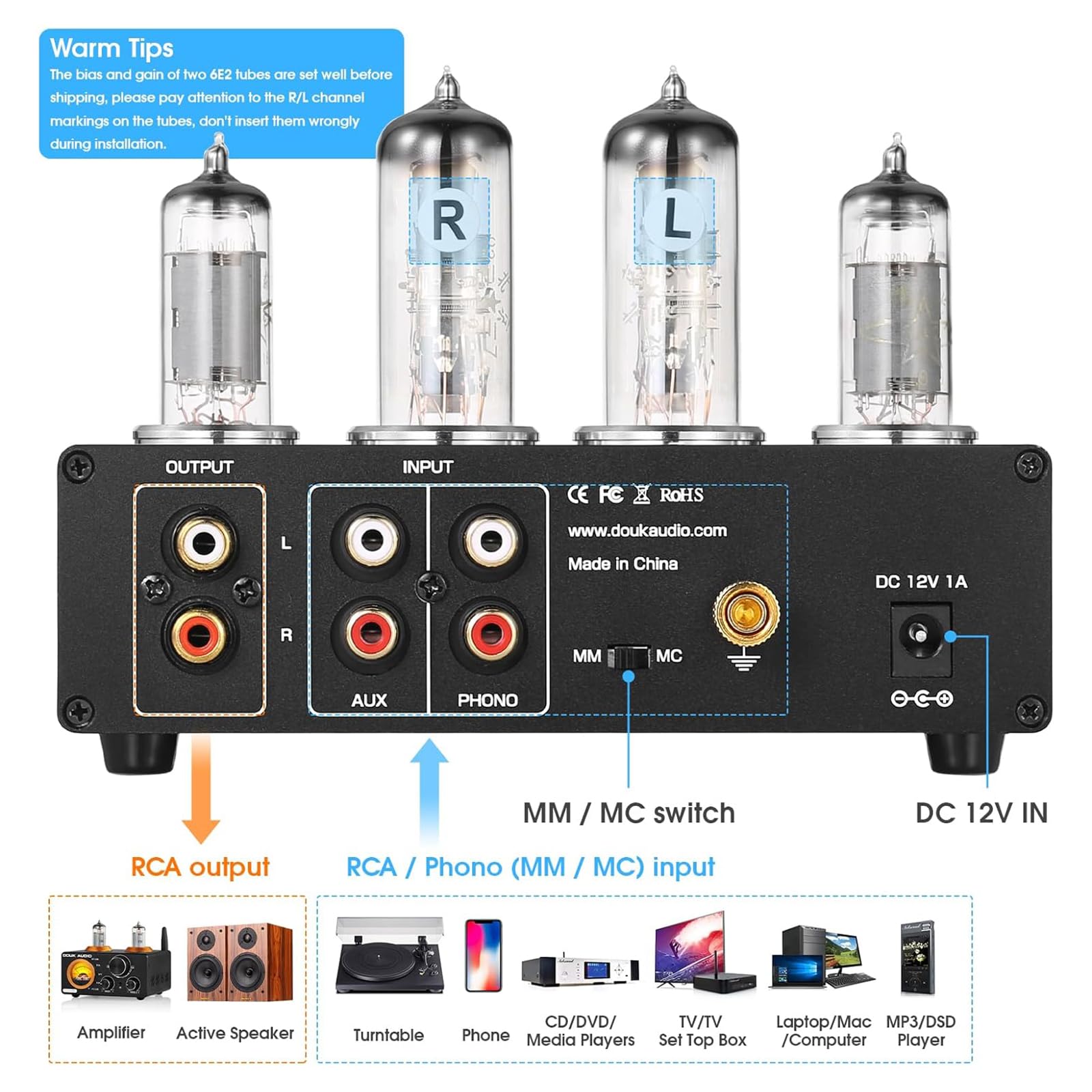 Preamplificatore Phono a Valvole, Preamplificatore per Giradischi/Lettore MM, con Gain Gear, Manopola di Controllo del Volume, Uscita Stereo L/R/RCA/Jack da 3,5 Mm