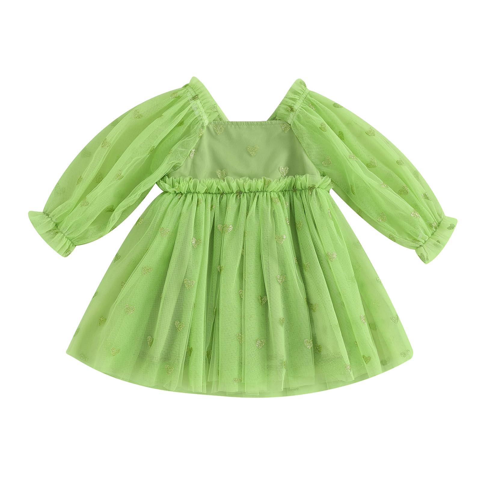 Toddler Baby Girl Valentine's Day Dress Long Sleeve Heart Print Mesh Tulle Ruffle Tutu Princess Dresses Outfits (Green, 3-4 Years)