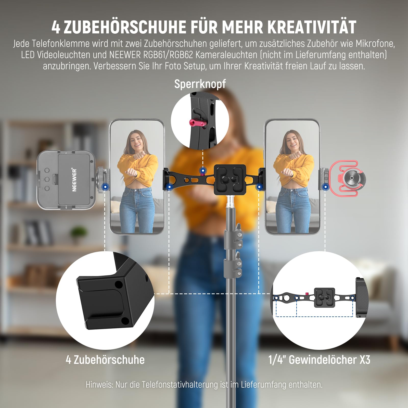 NEEWER Metall Handy Stativ Halterung Adapter mit Arca QR Basis, 360° Drehbar Dual Smartphone Clip Klemmhalterung mit 4 Cold Shoes, kompatibel mit iPhone Samsung, für Vlog Live Video Aufnahme, SP-08