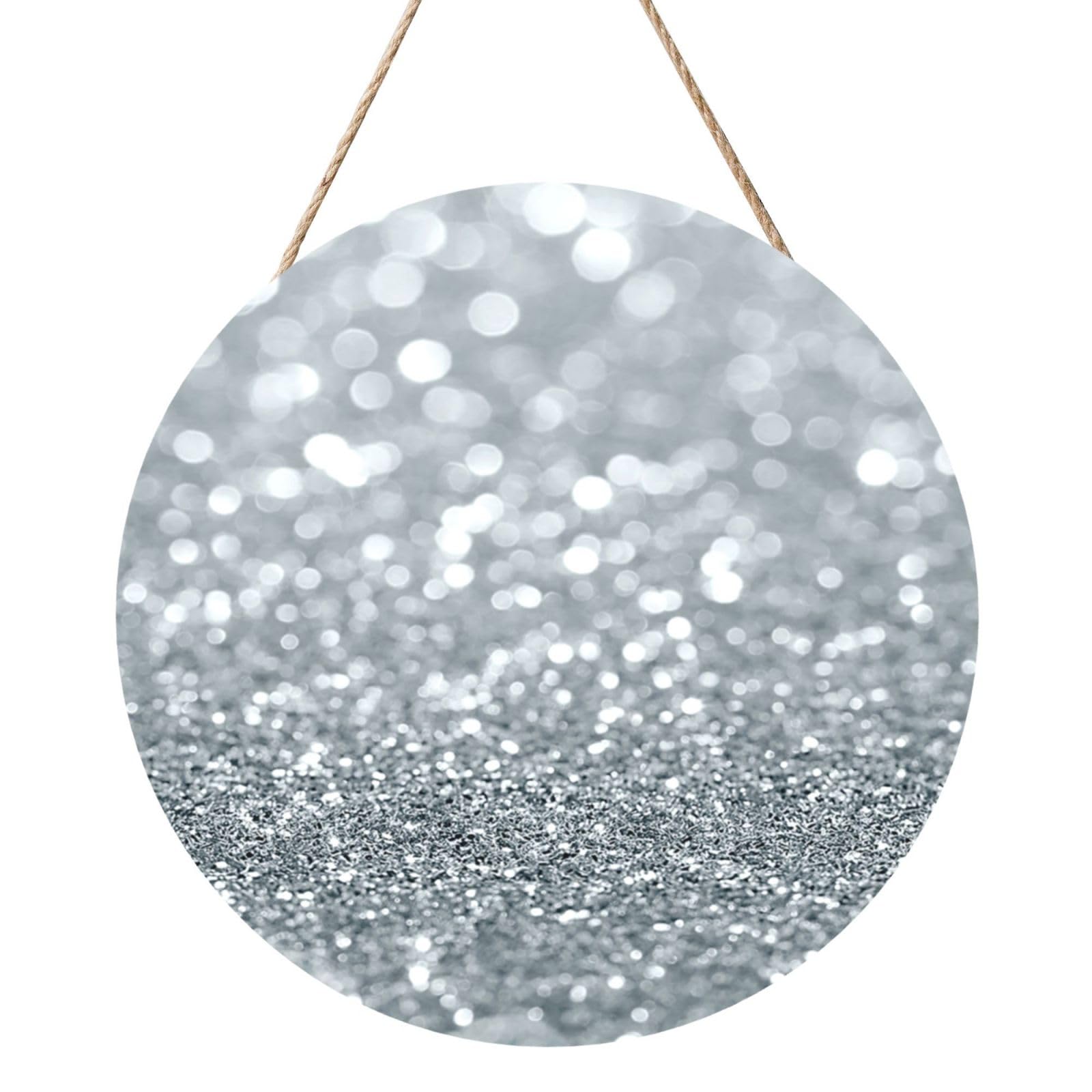 InOmak White Silver Glitter Bokeh Glam Trendy Sparkle, Round Wood Panel Painting 12 in, Wall Hanging Painting For Home