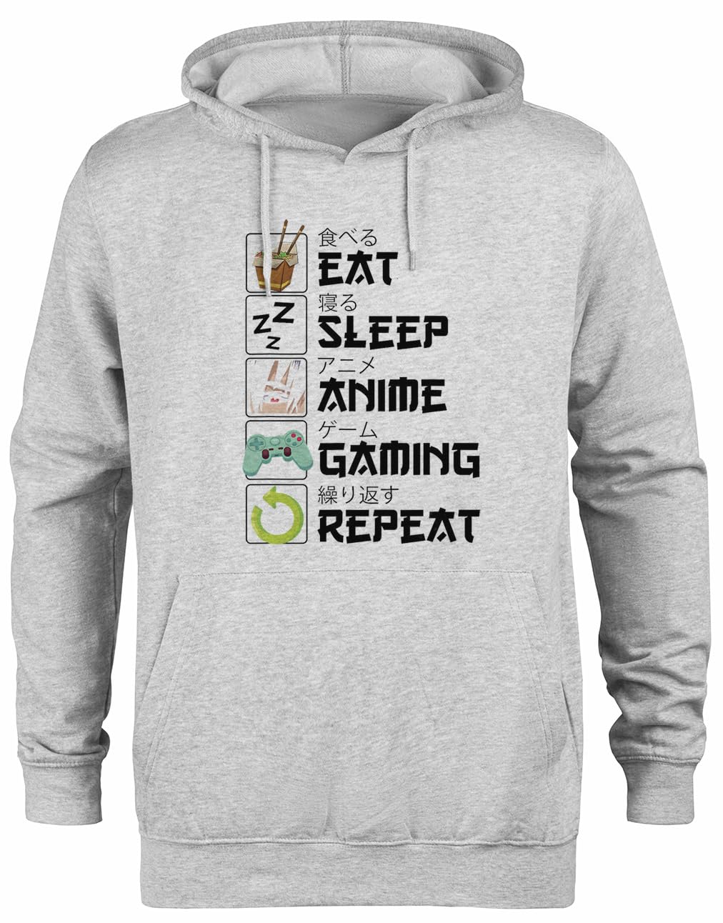 Eat Sleep Anime Gaming Felpa con Cappuccio Unisex con Cappuccio Grigio
