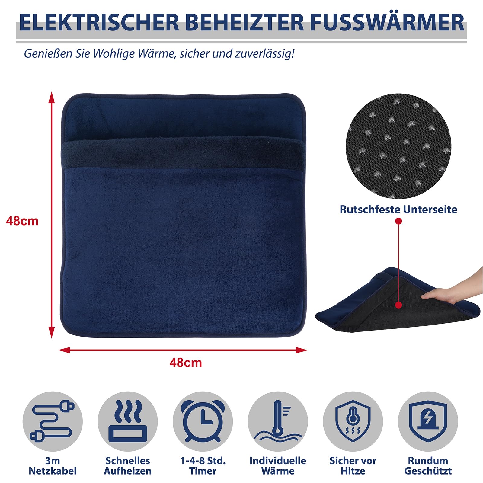 48 x 48 cm Fußwärmer elektrisch Doppelheizung Fußheizung mit 6 Heizstufen & 3 Timer, schnellheizend, waschbar, automatische Abschaltung, Fusswärmer mit Strom für Bett, Büro, Zuhause (Blau)