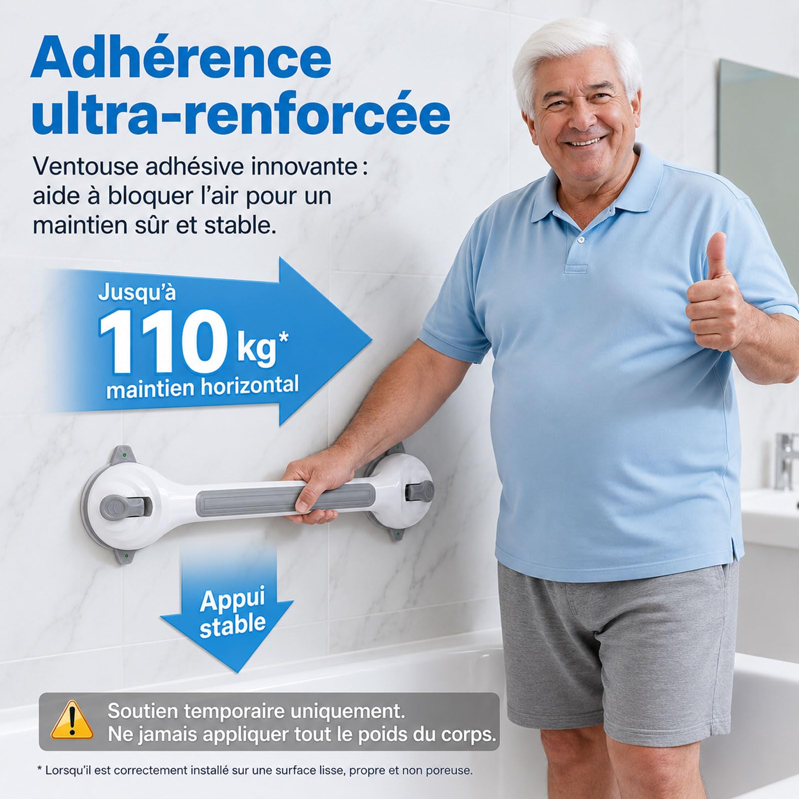 2 poignées de douche sans perçage 42 cm, poignée de douche avec ventouse, 2025