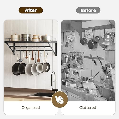 Miniatura 5 de Estante para ollas, estante de pared de 30 pulgadas, organizador de ollas y sartenes de cocina con rieles colgantes de 2 niveles, 12 ganchos en S,