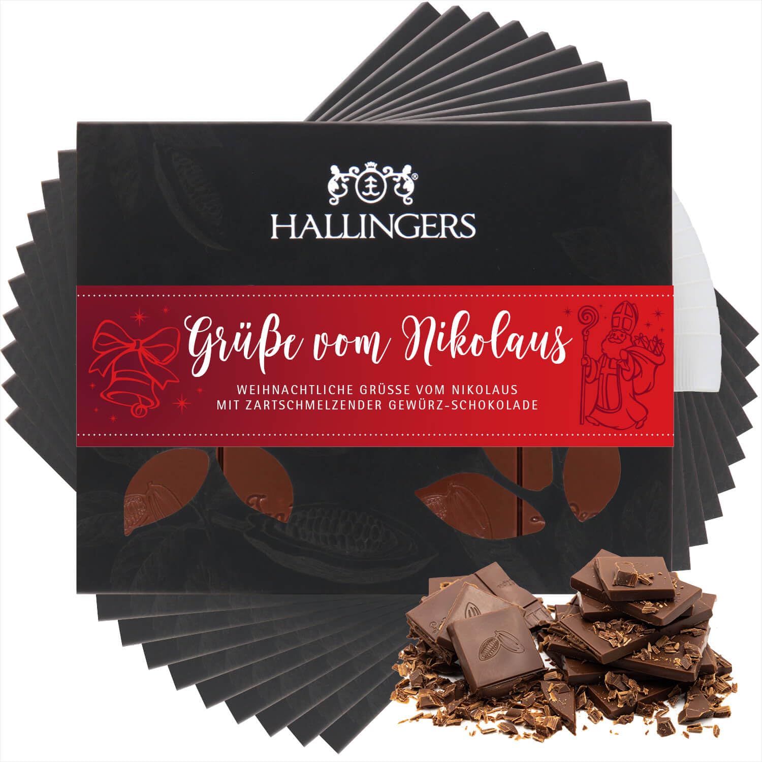 Hallingers Genuss Manufaktur Schokolade Weihnachts-Geschenk - Tafel Edelkakao handgeschöpft ohne Alkohol edler Karton 10x "Grüße vom Nikolaus" Xmas-Gewürze, Weihnachten für Frauen Männer