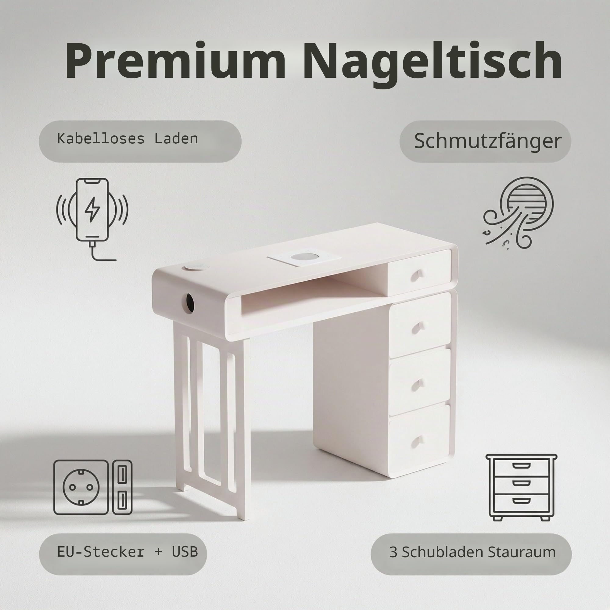 Professioneller Nageltisch mit 80W Absaugung – Maniküre Tisch mit LED-Beleuchtung, Kabellosem Laden, UV-Lampe kompatibel –Nagelstudio & Heimgebrauch(39.37IN/100CM)