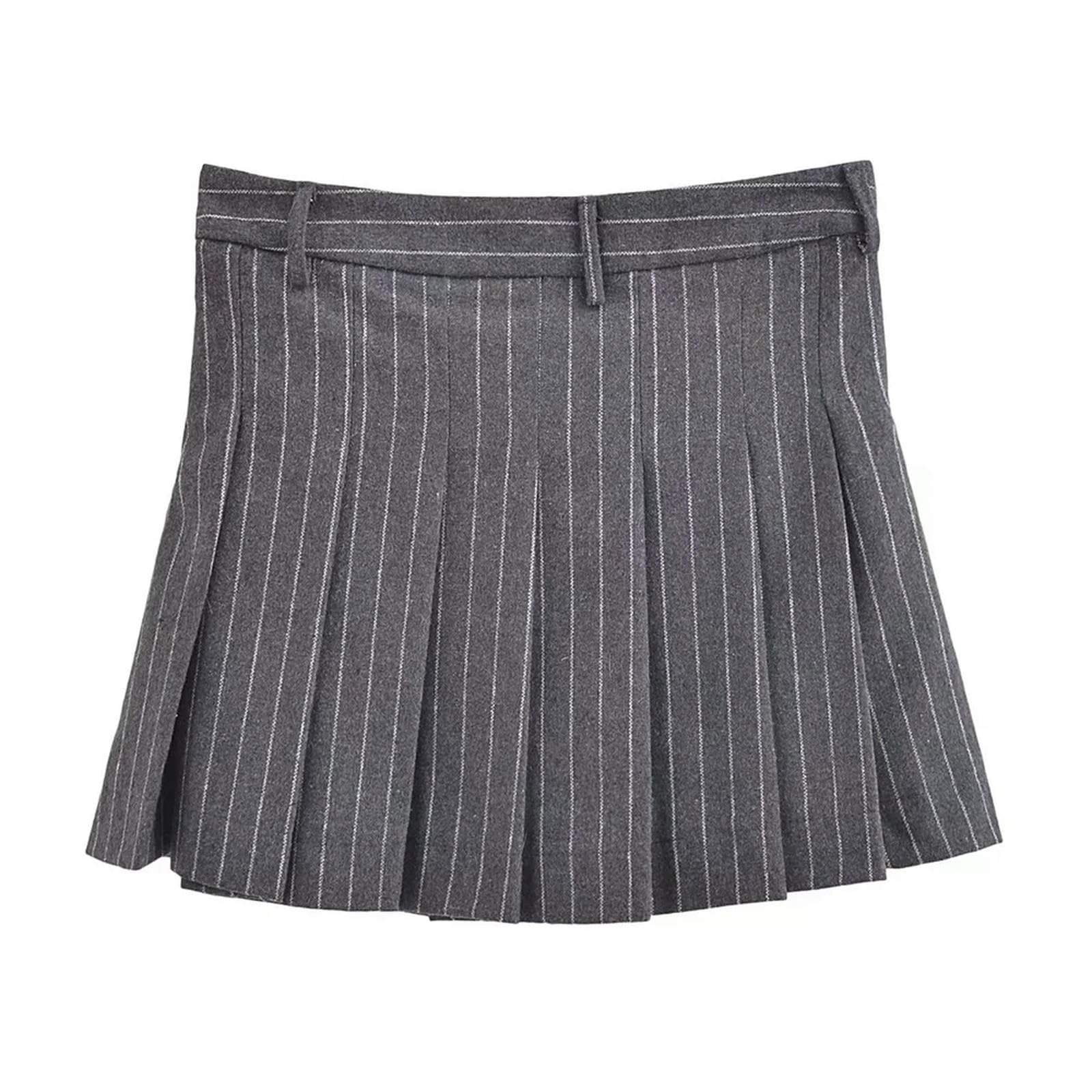 Primavera/Verano Nueva Falda Corta de Cintura Alta con Traje Mezclado de Rayas Finas para Mujer-Gris_a-L