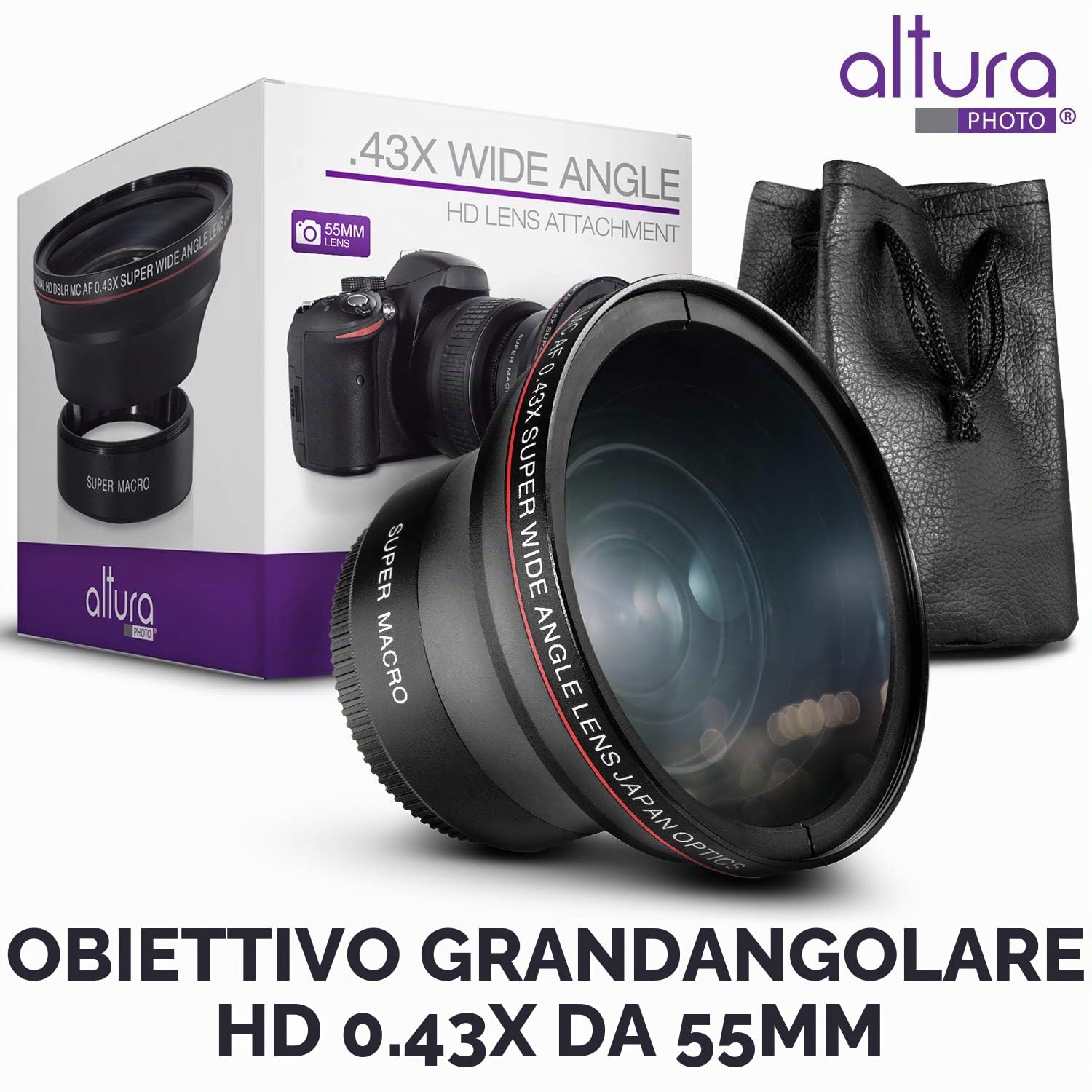 Altura Photo Obiettivo grandangolare HD 0,43x 55 mm con macro, attacco su filetto filtro da 55 mm (non sul corpo macchina), per fotocamere Nikon DX NIKKOR 18-55mm f/3.5-5.6G VR e mirrorless Sony E