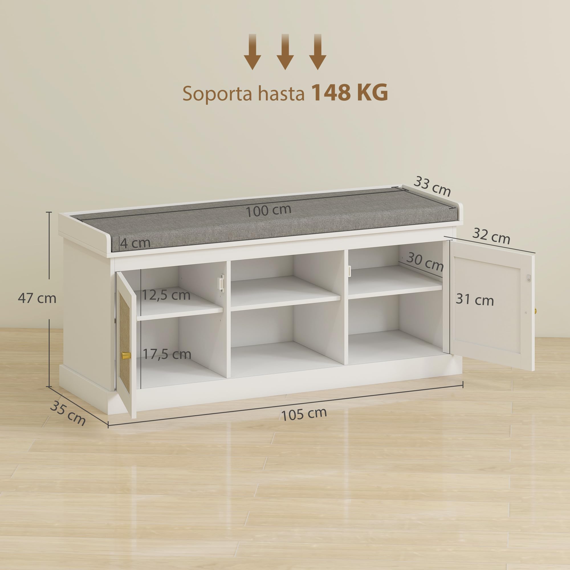 HOMCOM Banco Zapatero con Asiento Acolchado Bohemio 105x35x47 cm Blanco | Mueble Zapatero, Banco Recibidor, Puertas Frentes de Ratán, Estante Abierto, Estante Ajustable, para 9 Pares de Zapatos