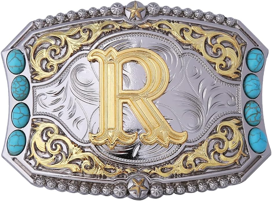 Turquoise Belt Buckle Western Cowboy Rodeo Initial Letters ABCDEFG to Z Belt Buckle for Men