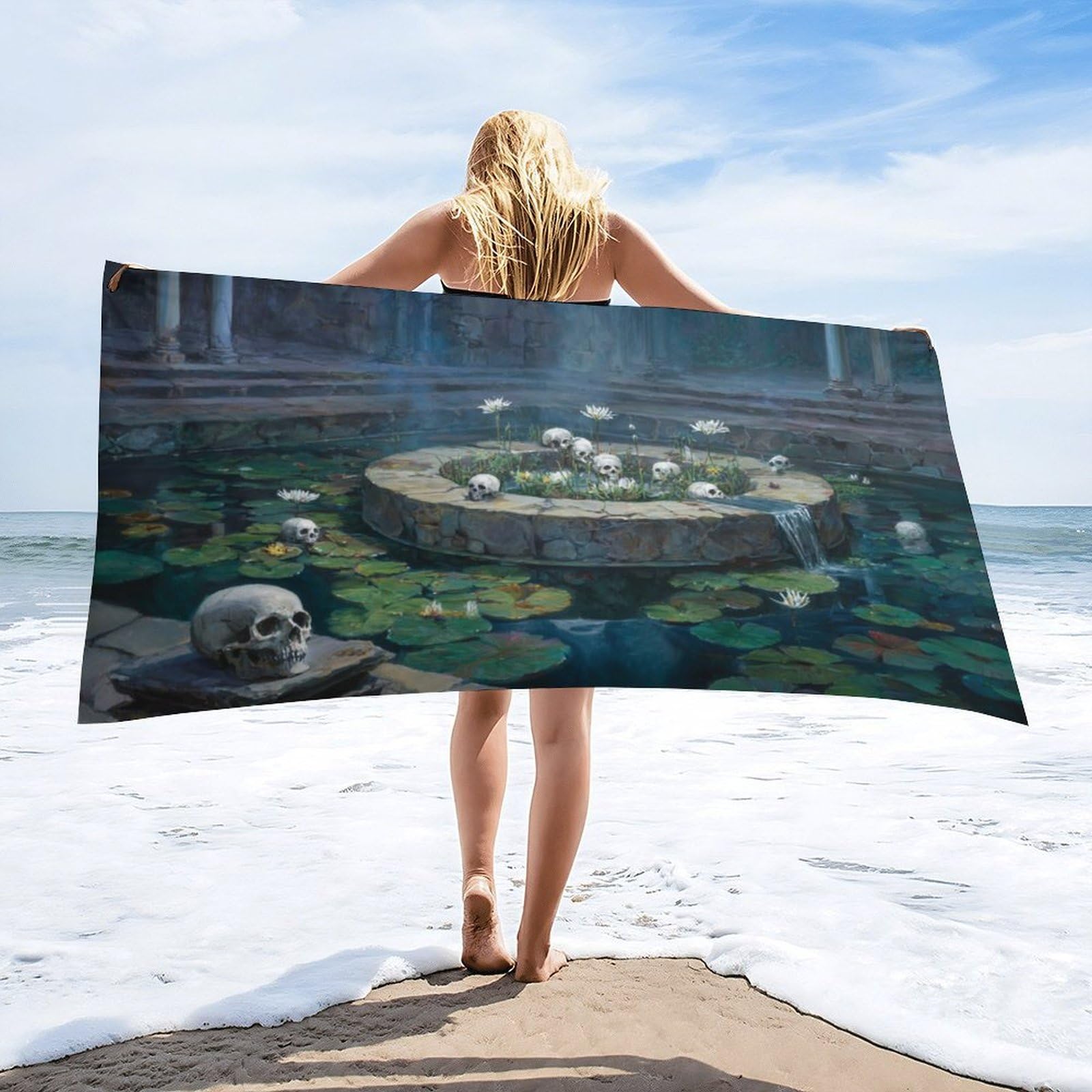 Luyysky Rustic Gothic Castle Skull Quick-Drying Beach Towel, Retro Oil Painting Castle Skeleton Plant Lotus Flowers Green Leaves Travel Vacation Single Sided Pile Bathroom Towels-80 W Cm X 160" L Cm