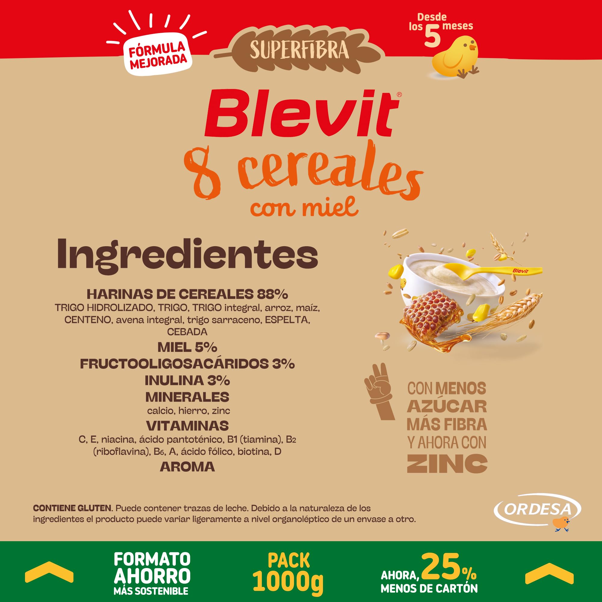 Blevit Superfibra 8 Cereales con Miel | 1kg | Papilla de 8 Cereales para Bebé desde los 5 Meses - Con Miel, Vitaminas, Minerales y Fibra