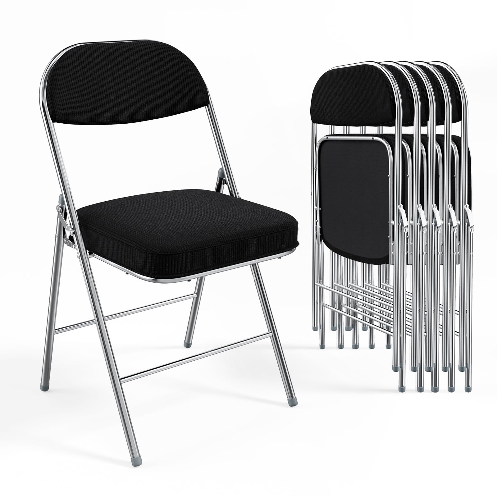 VINGLI 6 Pack Folding Chairs with Padded Seat & Backrest, Metal Frame, Durable Corduroy Fabric, 350 lbs Capacity, Set of 6, Black – Ideal for Weddings