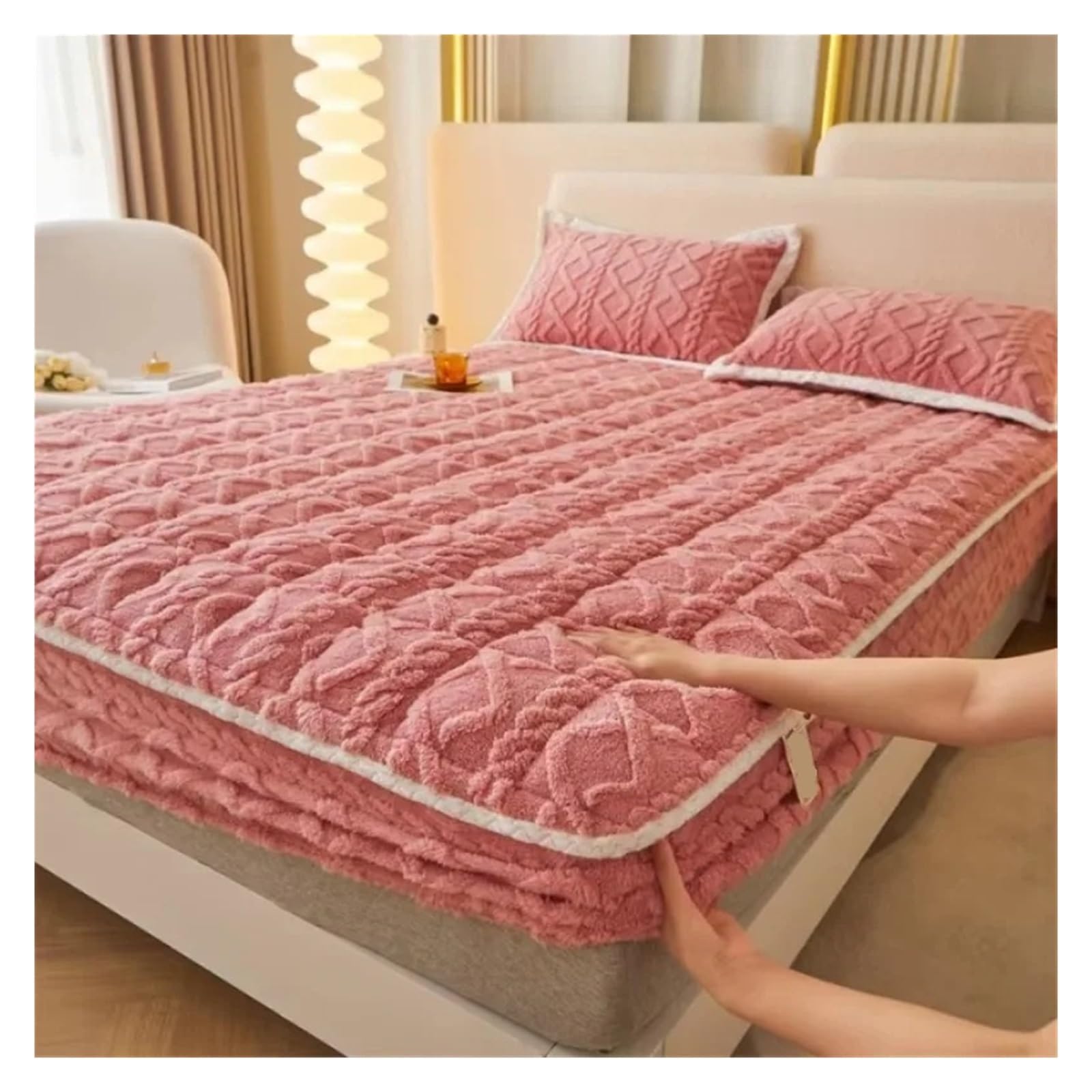 Sábana Bajera Cálida Colchón Acolchado de Lana de Leche, Colcha Gruesa de Lana, Funda Protectora de Lana de Coral de Invierno(Pink,180x200cm 1pc)