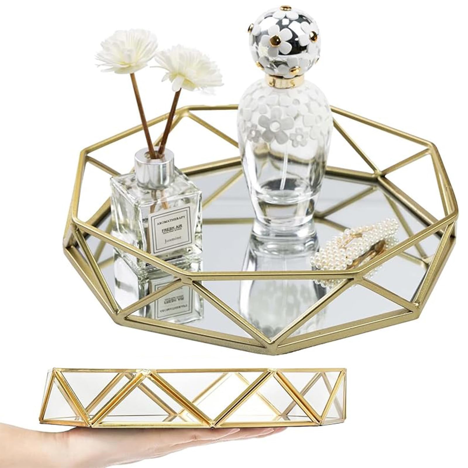 yeshine Gold Vanity Mirror Tray - Metal Jewelry Perfume Makeup Perfume Organizer Round Decor Φ24.5 Cosmetic Dresser Ornate Storage for Bedroom Bathroom