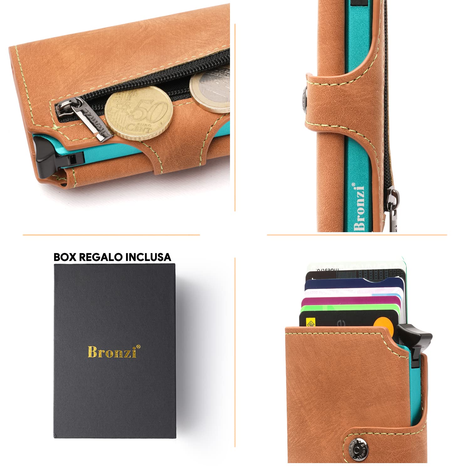 Bronzi Portafogli Uomo Piccolo Slim - Porta Carte Di Credito Con Portamonete - Regalo - Porta Tessere e Documenti Tascabile Italiano (Vellutato Marrone)