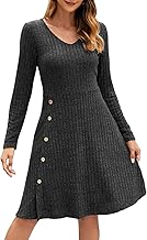 Adigaber Women's Knitted Dress V-Neck Long Sleeve Casual Dress with Buttons and Pockets
