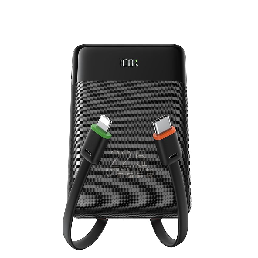 VEGER 10000mAh Power Bank con Cavi Integrati, 22.5W Ricarica Rapida Caricatore Portatile, Sottile Compatto USB C Powerbank LED Display con 4 Uscite e 3 Ingressi Compatibile con iPhone Huawei Xiaomi