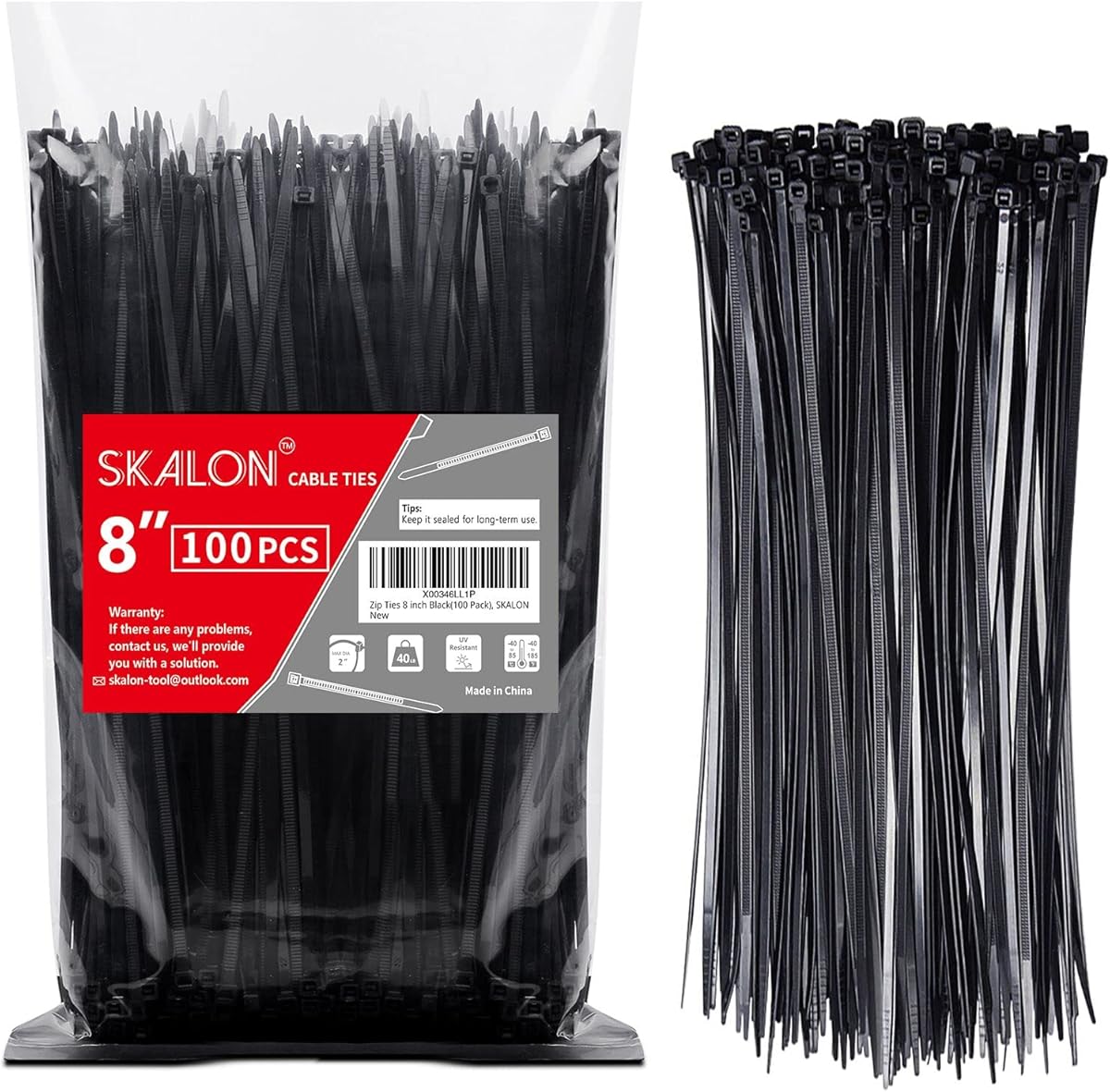 Zip Ties 8 inch (100 Pack), 40lbs Tensile Strength, Black Cable Ties, Wire Ties for indoor and outdoor use, by Skalon