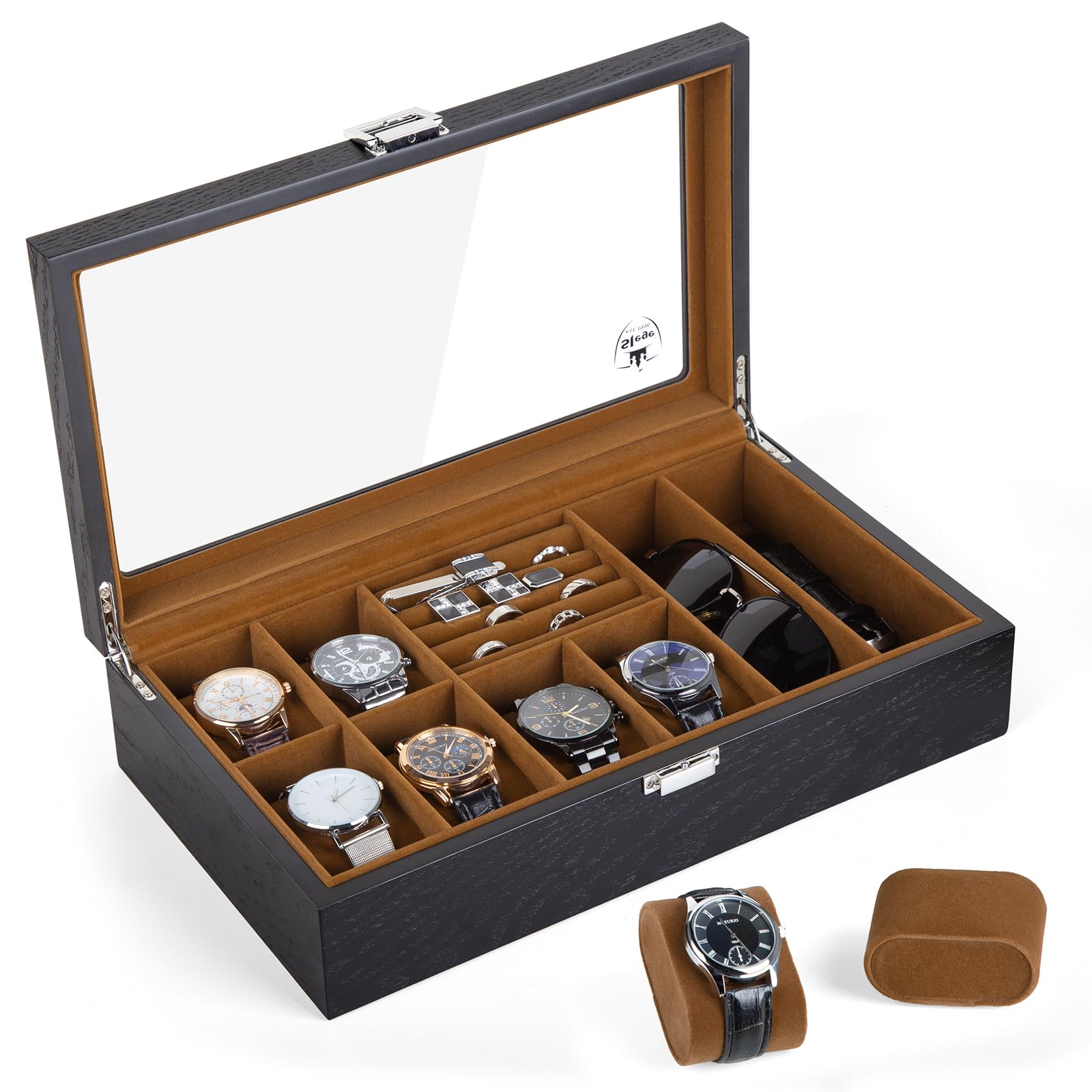 Slege Uhrenbox aus Holz,6 Fächer,Uhrenkasten Glasdeckel,Sonnenbrillenbox,Uhrenetui für Herren,Uhrenaufbewahrungsbox und Schmuckkästchen,Uhrenbox Organizer für Männer und Frauen,für Ringe,Ohrringe