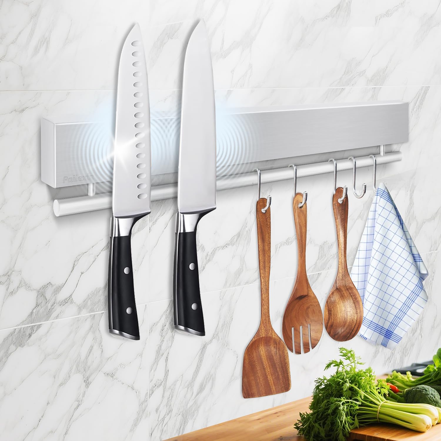 12 Inch Magnetic Knife Holder for Wall - Stainless Steel Magnet Knife Strip No Drill with 5 Hooks/Adhesive Tape/Screws, Kitchen Utensil Holder, Wall Mounted Storage & Organizer