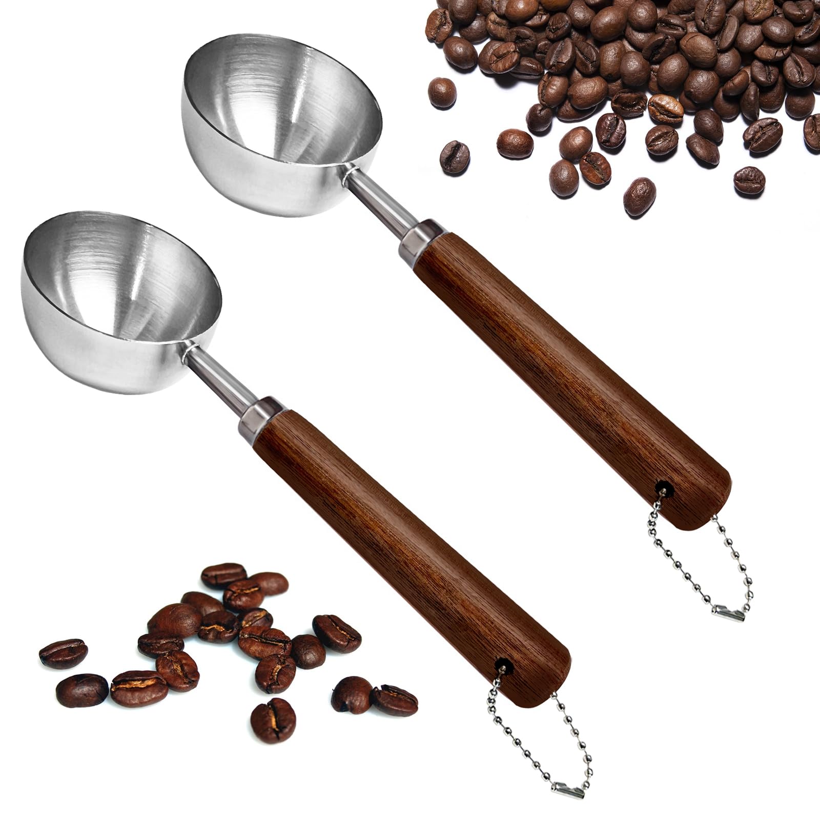 2PCS Vintage Coffee Measuring Spoon? 30ml/10g Capacity coffee scoop for ground coffee?Coffee Beans And Tea?304 Stainless Steel coffee spoons with long Wooden Handle?Silver)