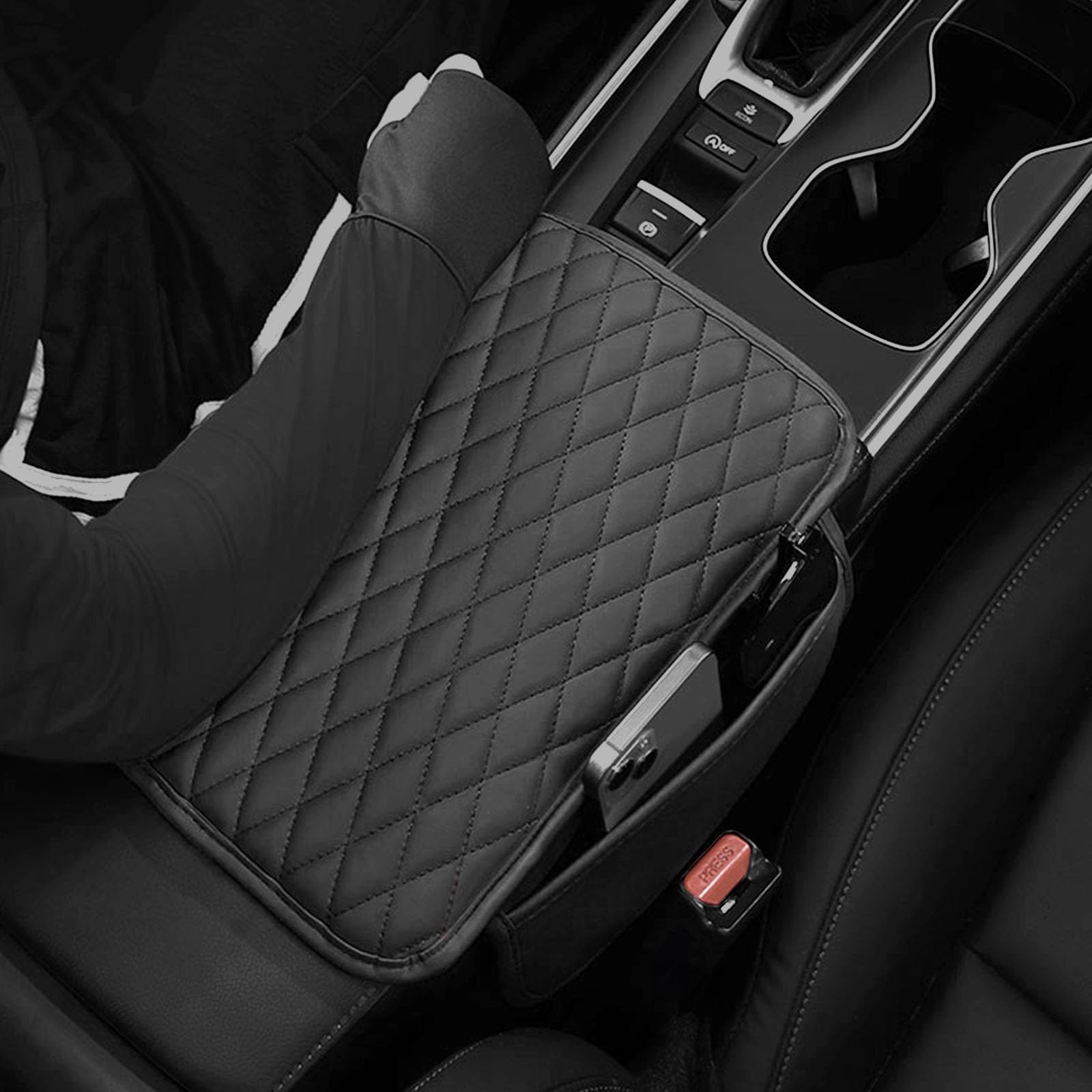 JXYT Universal Car Center Console Cover – Upgraded Leather Armrest Protector With 2 Side Pockets For Storage (Grey)