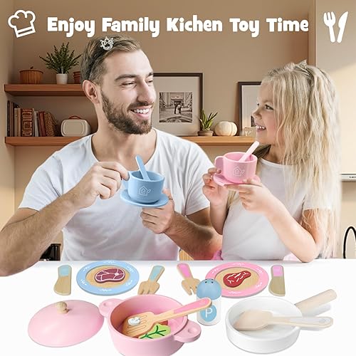 Miniatura 5 de Juego de platos y platos de madera para cocina, 30 piezas Montessori Play Accesorios de cocina para niños pequeños con ollas y sartenes de juguete,