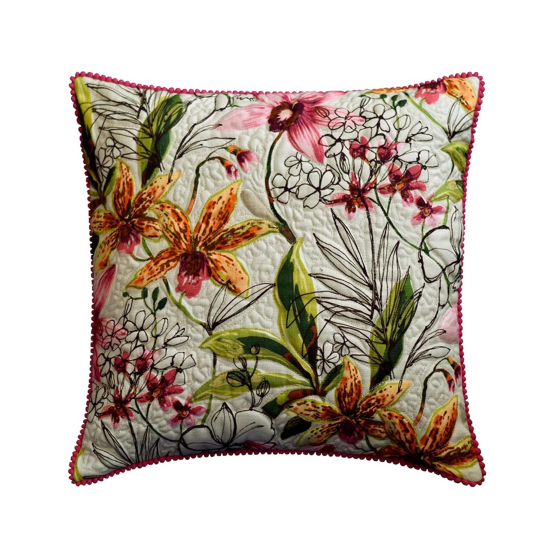 The HomeCentric Decorative Multicolor & Pink Pack of 2, 50x50 cm (20"x20") Cushion Covers, Cotton Floral Printed Quilted Cushion Covers, Nature & Floral Pattern Contemporary Style - Tiger Lily