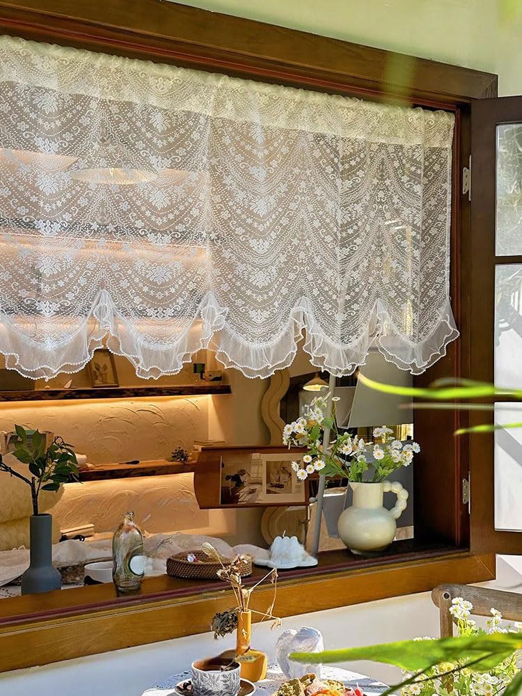 Bgzdxhxyr Short Lace Valances for Windows, Ruffle Lace Pearl Bottom Curtain Tiers Embroidered Tulle Semi Sheer Curtain for Kitchen Cafe Dinning Bath