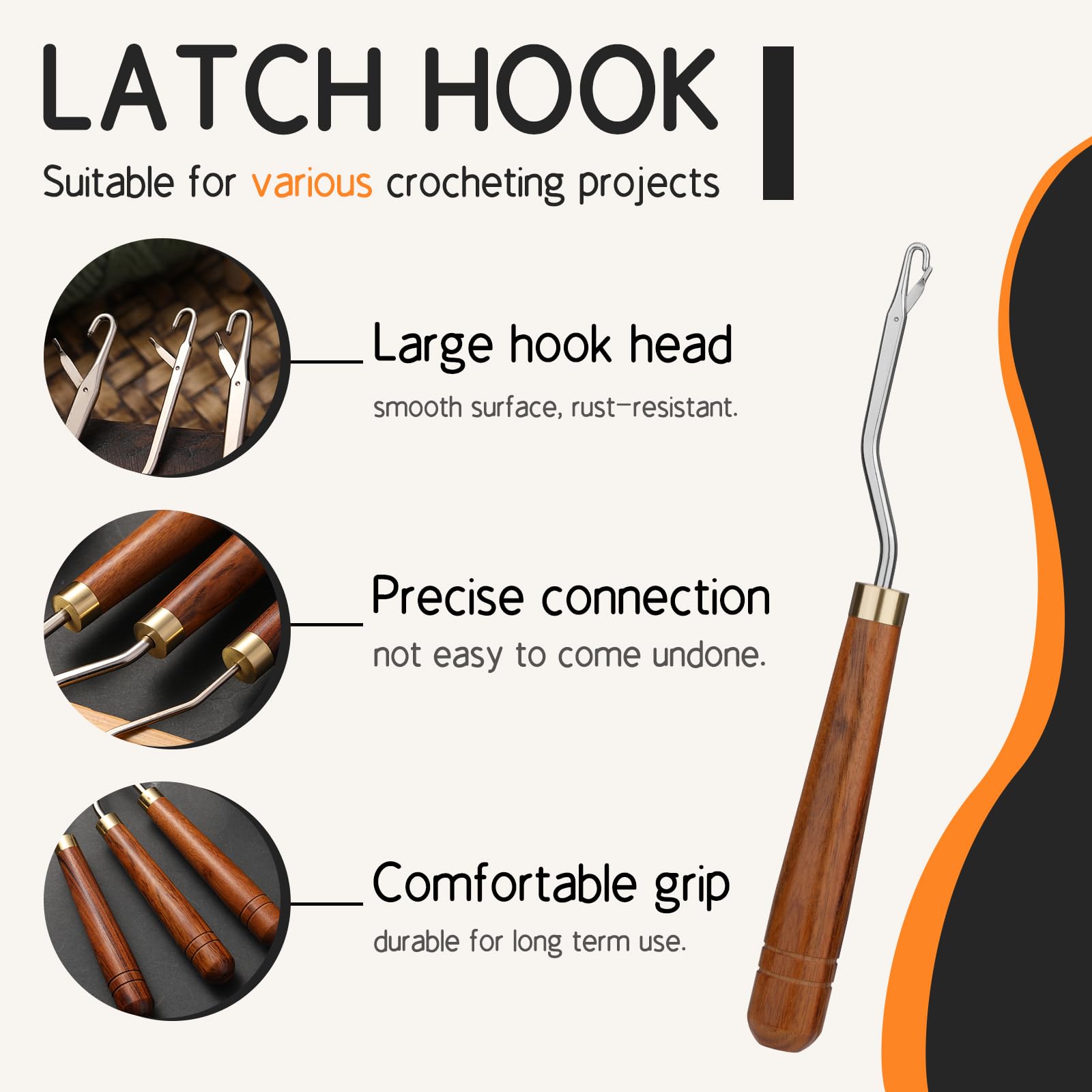 Giwrmu Latch Hook Tool, Wooden Bent Latch Hooks, Large Latch Hook Crochet Needle for Micro Braids, Hair Extension and Carpet Craft - 4