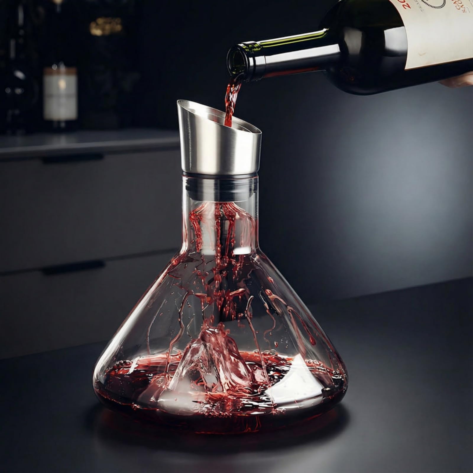 Enovio Decanter Oxyra，Decanter in Cristallo da 1,5L con Effetto Cascata e Filtro Antigoccia，Vetro soffiato a mano al 100% senza piombo，Elegante Scelta per Ristoranti, Enoteche e Regali
