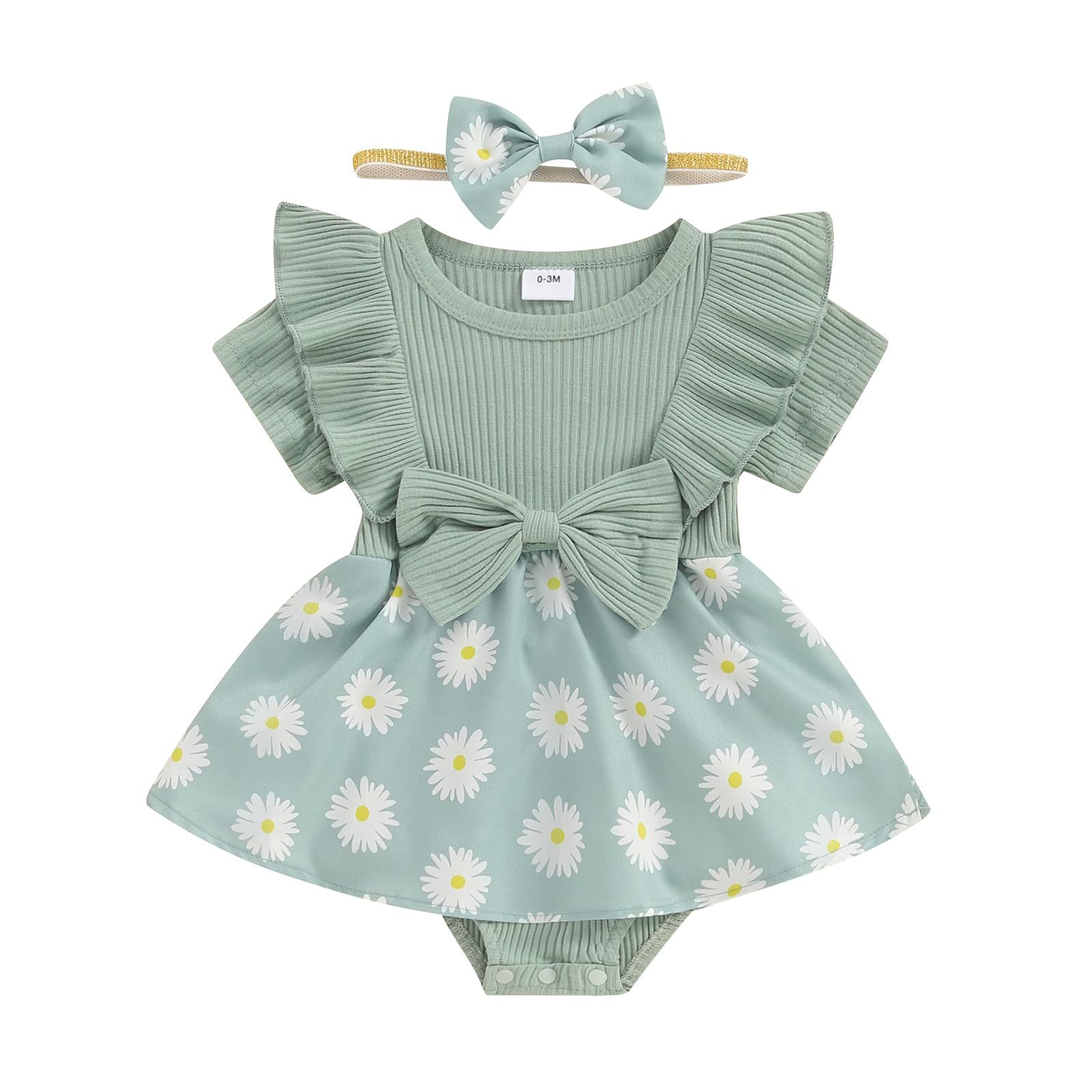 Douhoow Infant Baby Girl Romper Baby Girl Dress Floral Pleated Romper Baby Girl Summer Clothes with Headband (Green A, 0-3 Months)