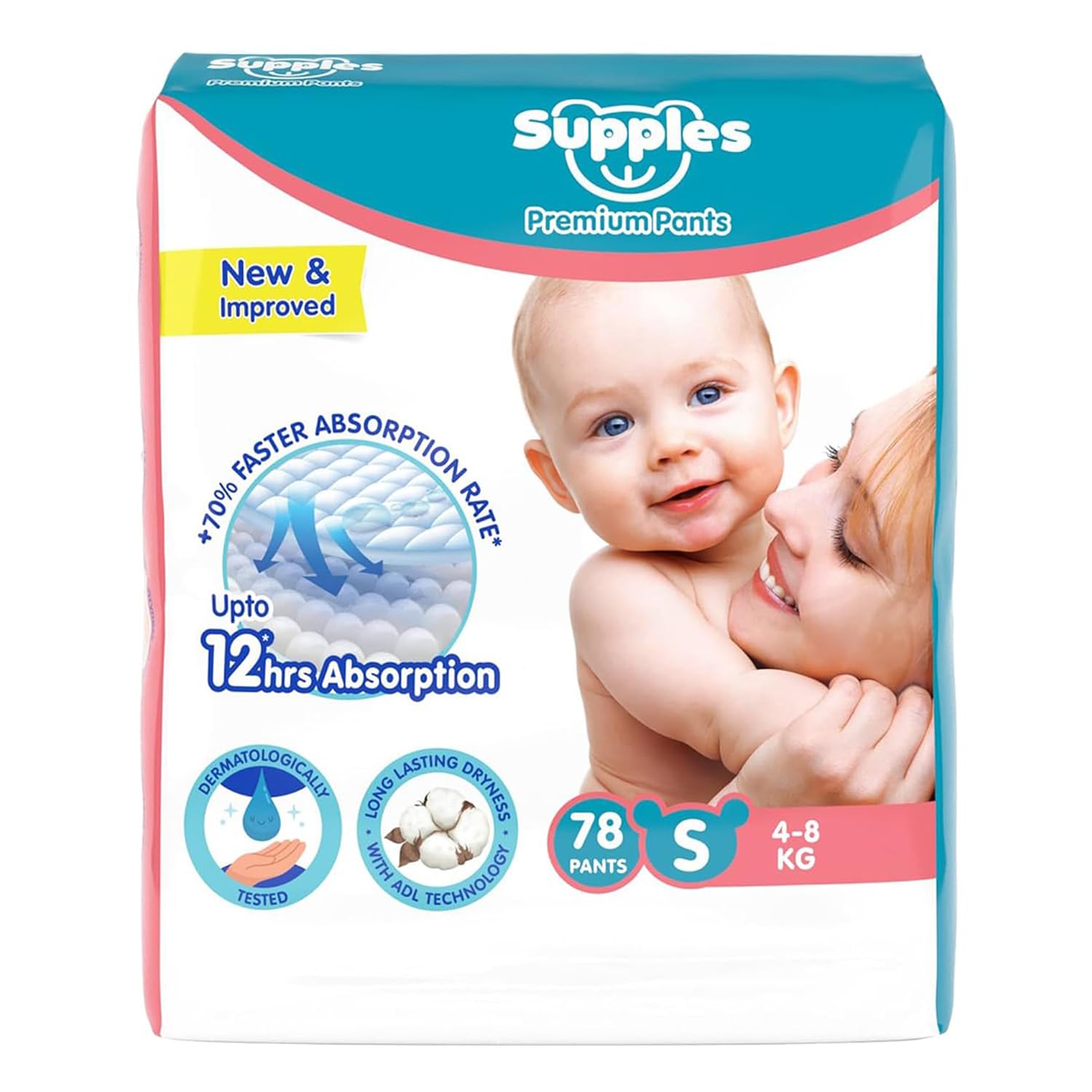 Supples Baby Pants Diapers, Small (4 - 8 kg), 78 Count