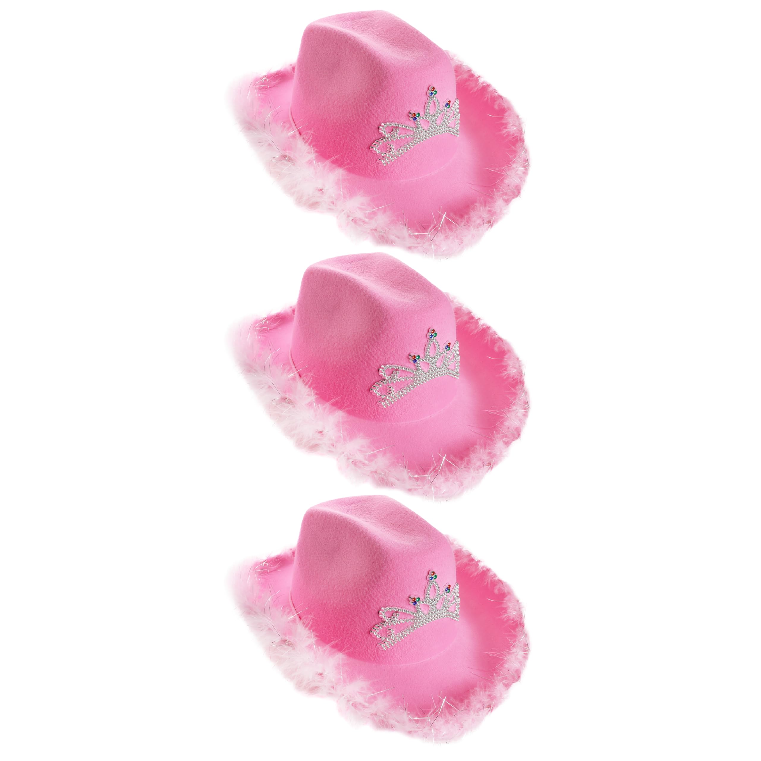 Tiara Cowgirl Hats - Pack of 3 - Pink Cowgirl Hat with Tiara Decoration and Marabou Trim - Adults Music Festival Fancy Dress Accessory