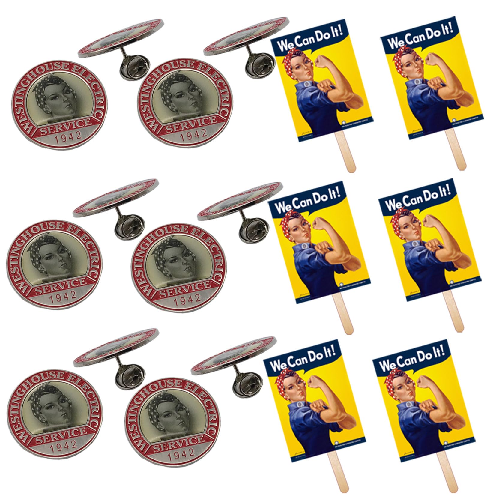 RosieCentral Bulk 6-Pack Rosie the Riveter Collar Buttons and 6-Pack We Can Do It Hand Signs. Party Perfect. Favors. Decorations