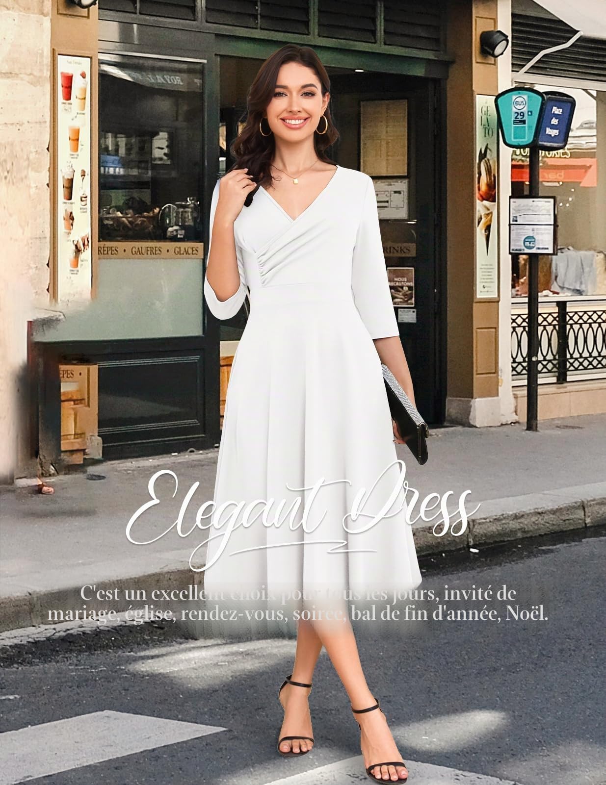 Bbonlinedress Robe Femme Chic et Elegant Midi de Soirée Noël Cocktail pour Mariage Bal Promo Cérémonie Col en V Manches Courtes