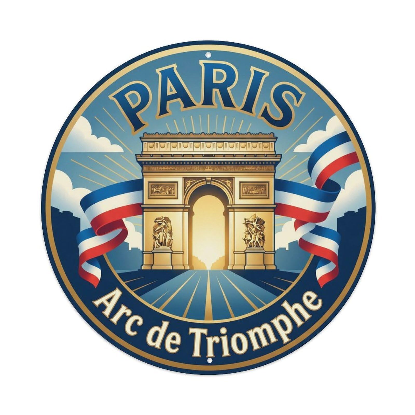 Vintage Travel Parisian Arc Triumph Metal Tin Sign Plaque Wall Decor for Cafe, Club Bar, Office, Home Garden Round Metal Poster 8x8Inch