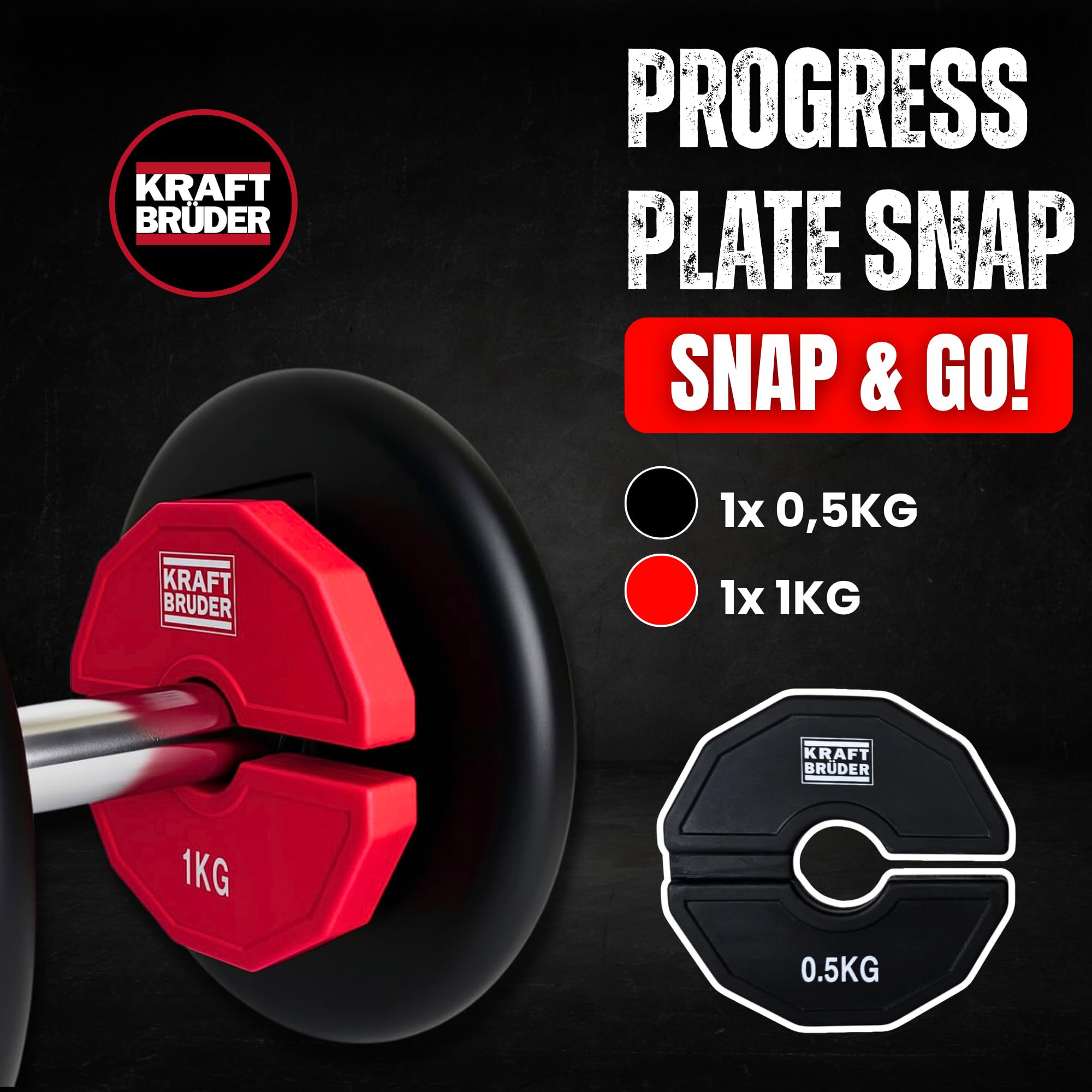 Progress Plates Snap – gummierte Micro-Gewichte mit Stahlkern. Perfekt für Langhanteln, Kurzhanteln & Kettlebells. Präzise Steigerungen für maximale Progression.