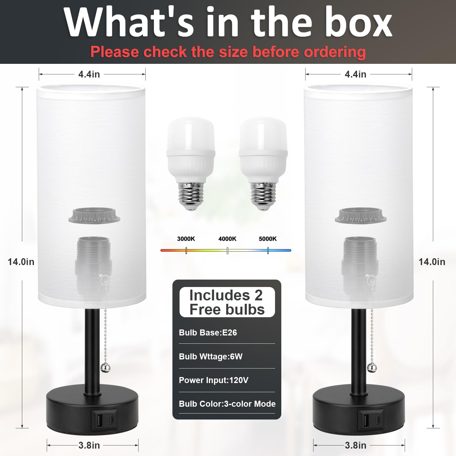 Fenmzee USB-Nachttischlampen, Set mit 2–3 Farbtemperaturen, Zugkettenlampe mit USB-C- und A-Ladeanschlüssen, runde Nachttischlampen für Schlafzimmer