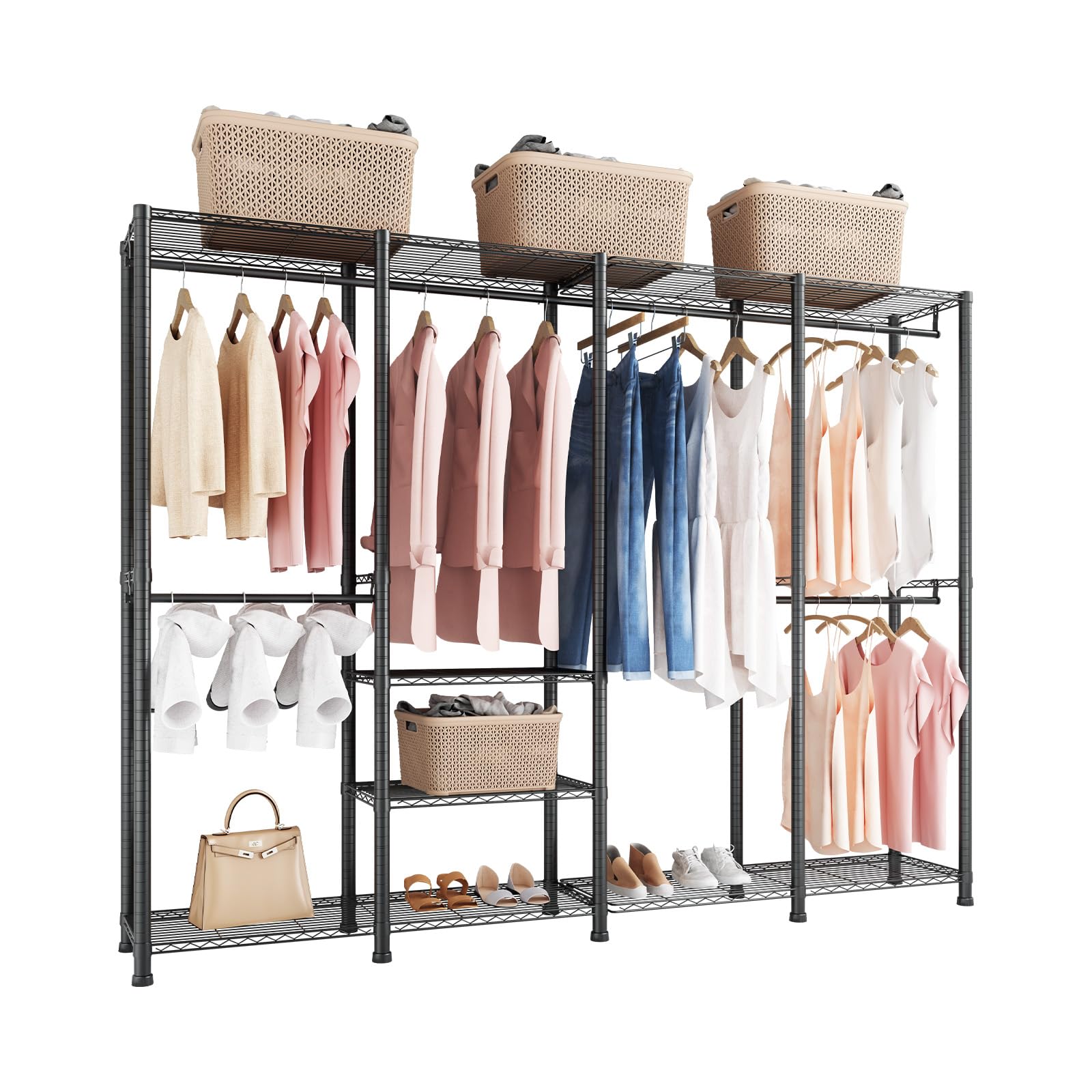 VEVOR Perchero Ajustable, con 4 Barras, Capacidad de Carga de 499 kg y 10 Estantes, Armario Abierto Resistente para Dormitorio, Tienda de Ropa, Guardarropa y Pasillo, Negro, 193 x 40 x 194 cm
