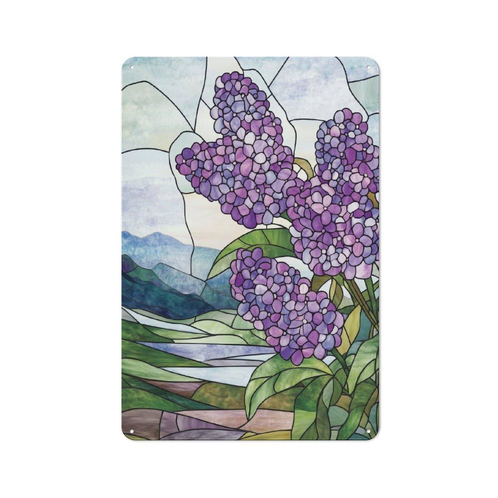 Junmoney Style-3 Tin Wall Plaque 30X20cm With Lilac Stained Glass For Hallway Wall, A Decorative Metal Sign For Hallways And Entrance Areas