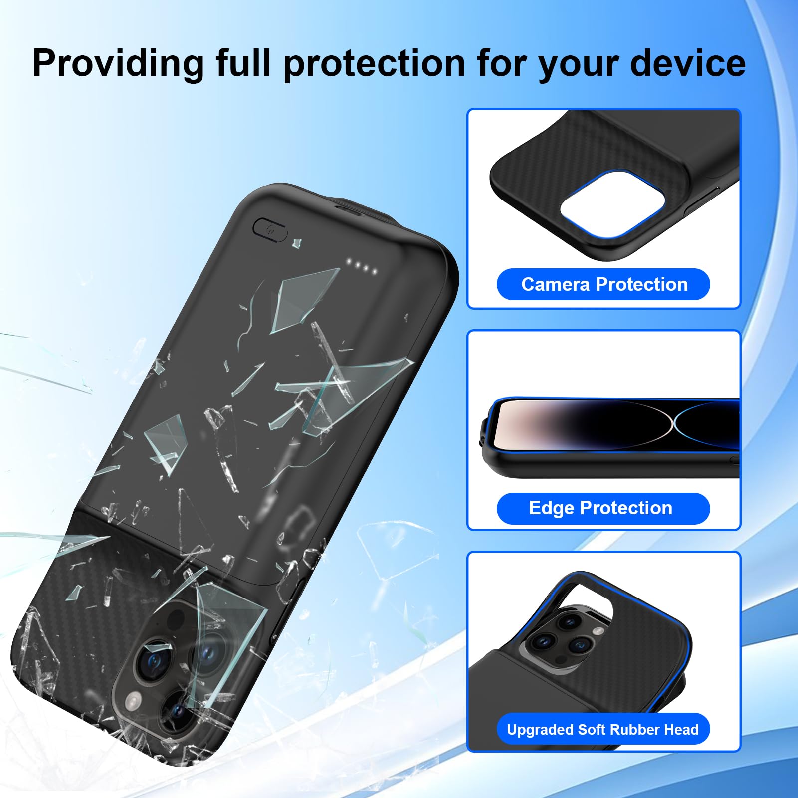 Custodia con batteria da 13800 mAh per iPhone 13 Pro Max/14 Pro Max/12 Pro Max 6,7 pollici, custodia di ricarica ricaricabile ad alta capacità con pellicola proteggi schermo, nero