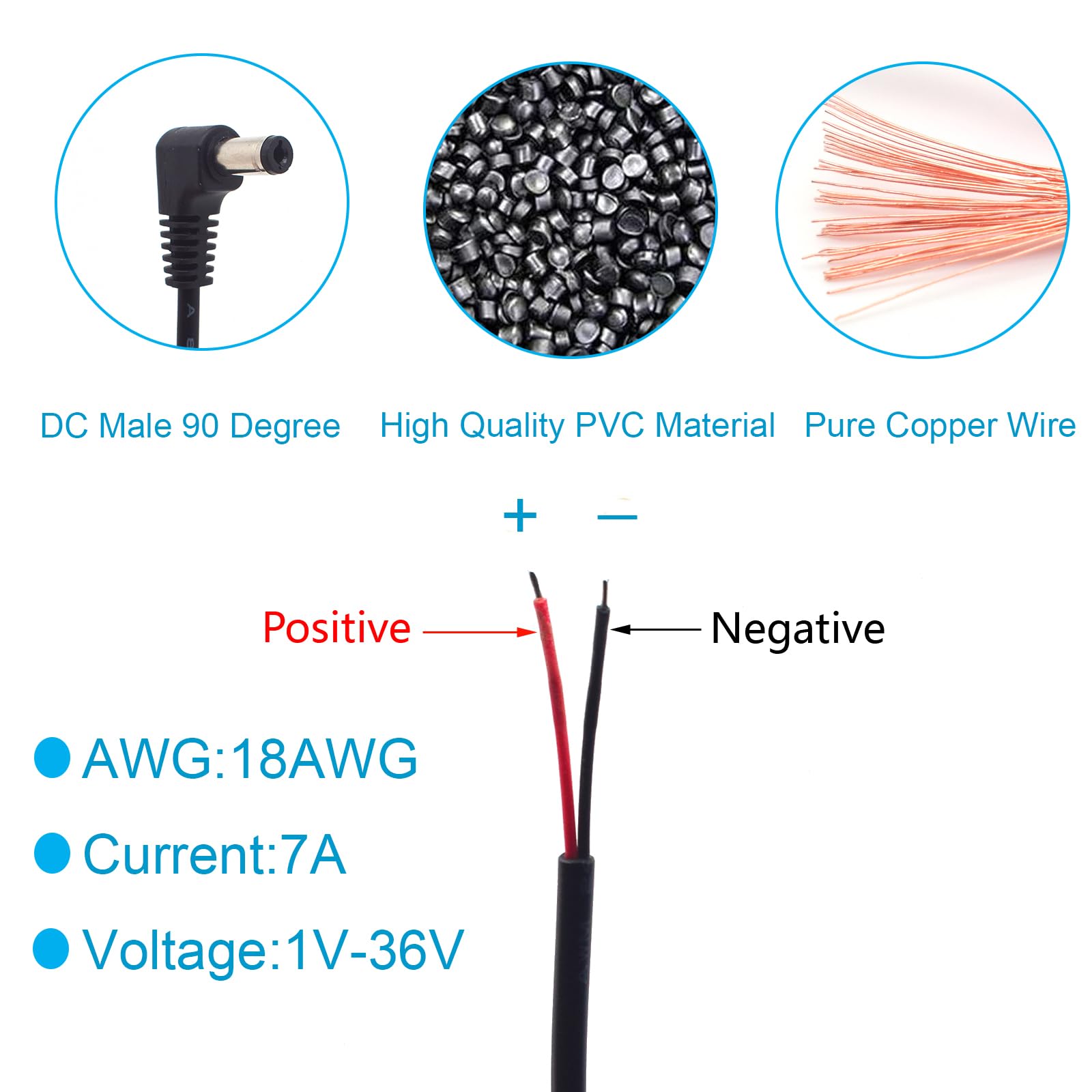 Lot de 3 connecteurs mâles à angle droit de 0,3 m 18 AWG à 90 degrés d'alimentation CC 5,5 mm x 2,1 mm vers câble Pigtail 12 V 7 A pour réparation et remplacement de caméra de surveillance