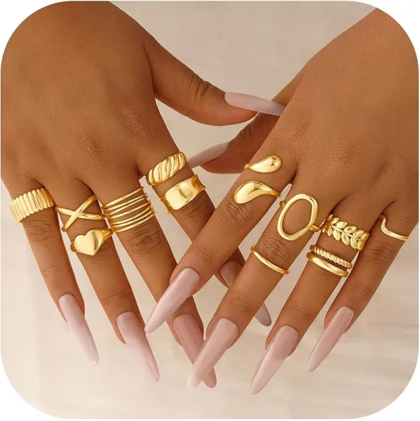 Yoosteel 12 PCS Chunky Gold Plated Rings for Women Non Tarnish - 14K Gold Plated Thick Stackable Open Rings for Women Minimalist Gold Adjustable Ring Pack Dainty Trendy Jewelry Gift