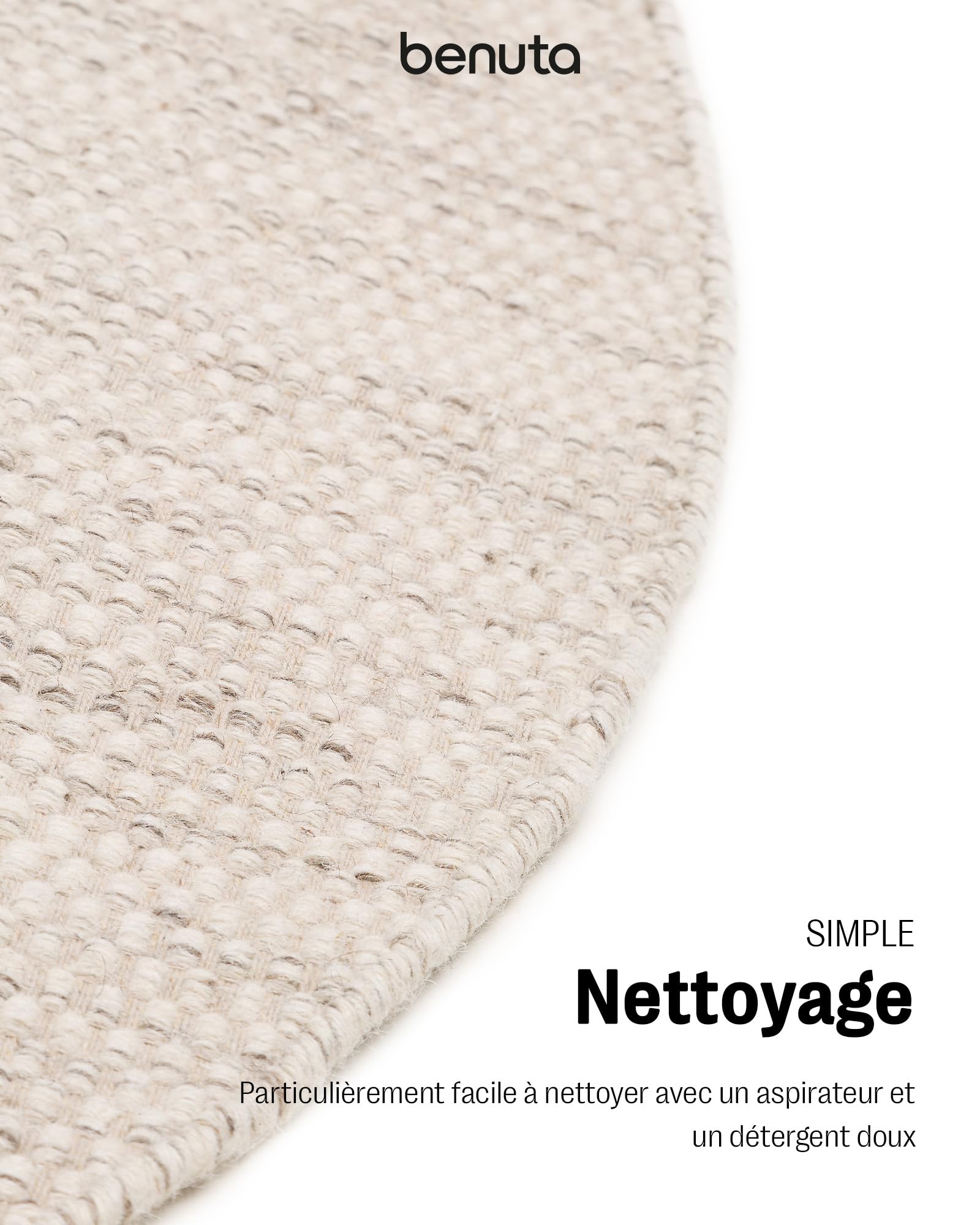 Benuta Pure Tapis en laine Rocco - Crème 100 cm rond - Tissé à la main - Style : laine, uni, bohème, hygge, cozy - Facile d'entretien
