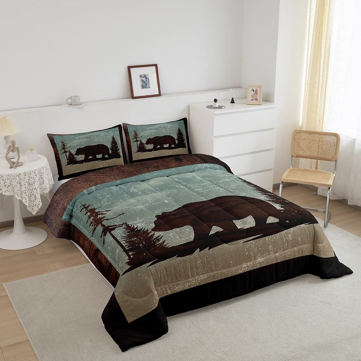 Bear Bedding Set Comforter Set Rustic Western Farmhouse Comforter Cover for Boys Girls Teens Decor Retro Wildlife Animal Duvet Set Twin Size with 1 Pillow Case Boys