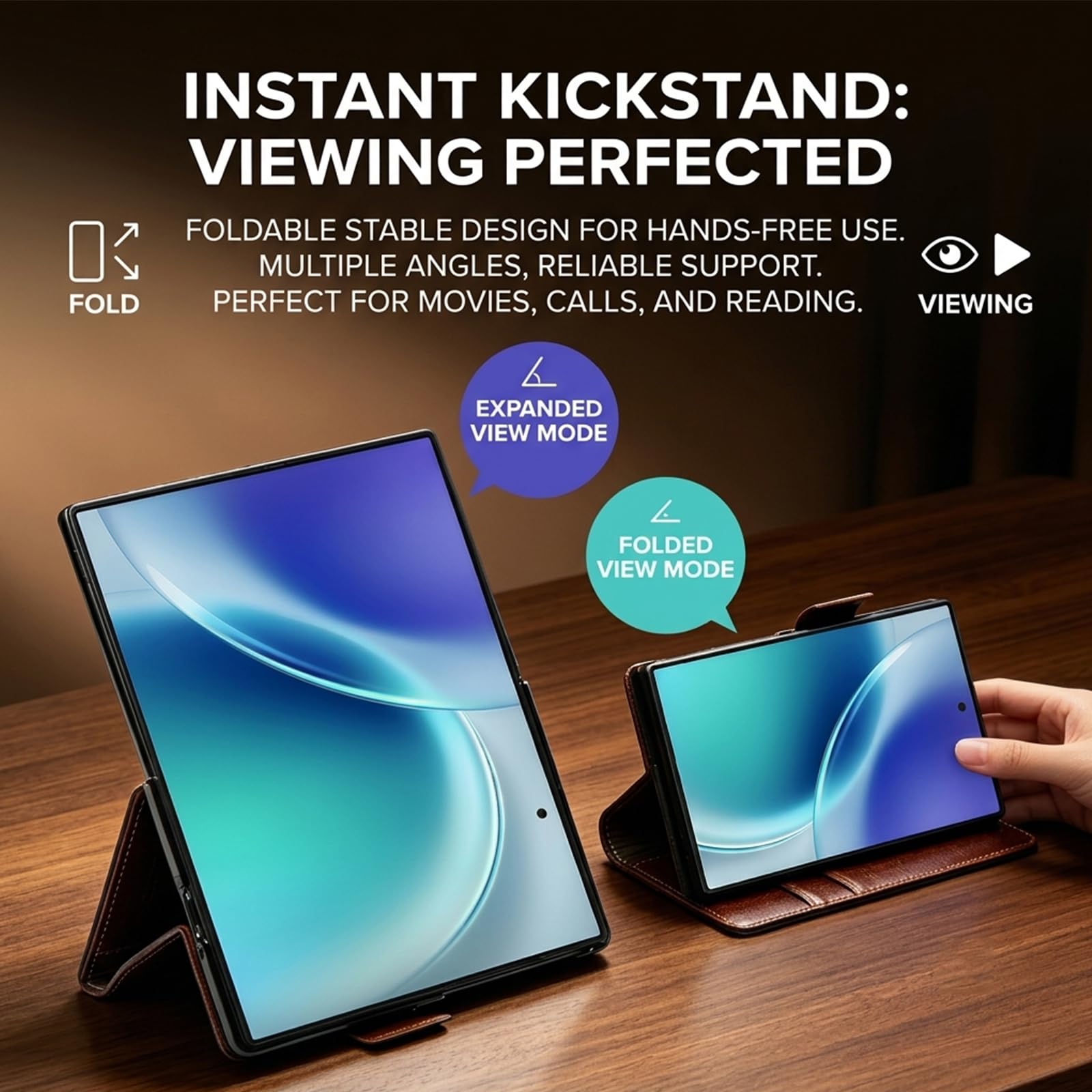 Custodia a portafoglio con cavalletto compatibile con Samsung Galaxy Z Fold 8, in vera pelle, colore nero